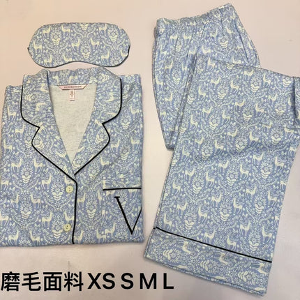 2025 Big-Name Catwalk Export Brushed Cotton Long-Sleeved Women's Pajamas Printed Casual French Outer Wear Home Clothes with Eye Mask