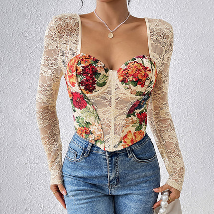 Fishbone Cross-Border European and American French Retro New Style Square-Neck Spicy Girl Top with Printed Lace Splicing Long Sleeves Sexy Inner Wear