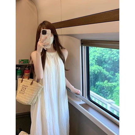 Sweet Halterneck Dress Fairy Summer 2024 New White Skirt Sleeveless High-End Elegant A-Line Long Skirt