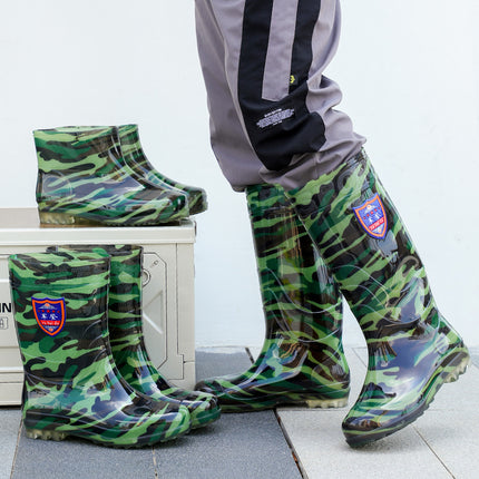 Military Camouflage Rain Boots for Men, Spring and Summer High-Top Labor Protection Rain Boots, Delivery Rider Kitchen Mid-Calf Water Boots, Anti-Fouling Rubber Shoes