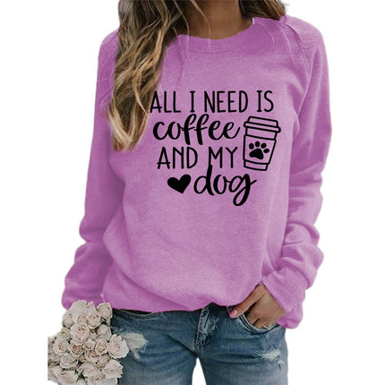 Foreign trade supply all I need is coffee printed crew neck top sweater European size ladies coat long sleeve