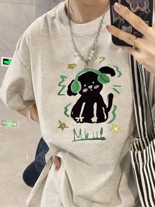 Pure Cotton Puppy Print Gray Short-Sleeved T-Shirt for Women 2026 New Design Niche American Style Loose Half-Sleeved Top
