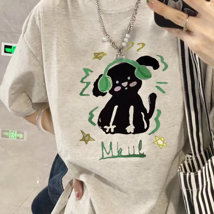 Pure Cotton Puppy Print Gray Short-Sleeved T-Shirt for Women 2026 New Design Niche American Style Loose Half-Sleeved Top