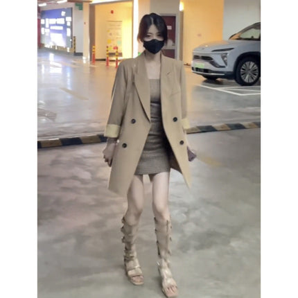plus size spring and autumn slightly fat girl fried street feeling slim wearing a meat-covered plaid suspender skirt suit two-piece dress