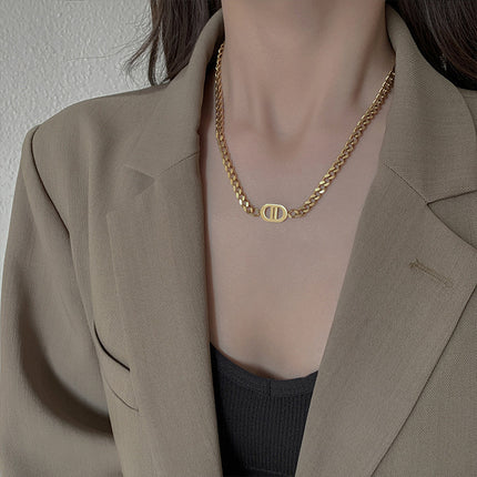European and American Internet Celebrity Gold Thick Chain Double D Alloy Short Necklace Personalized Hip Hop Style Advanced Necklace Chain Accessories