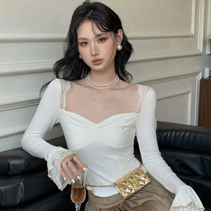 L138TP Solid Color Lace Stitching Long-sleeved French Elegant Slim-fit Short T-shirt Lotus-sleeved 2024 Autumn Women's Top
