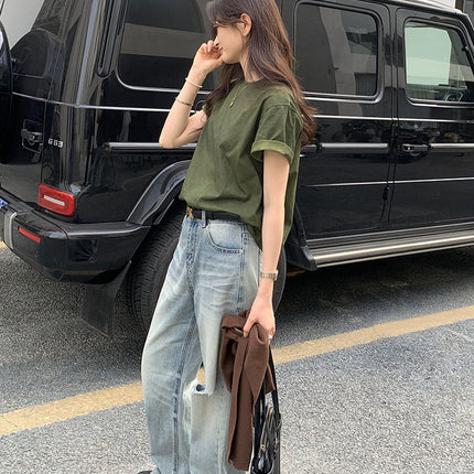 American Retro Forest Style New Round Neck Short-Sleeved T-Shirt Women's Spring Loose Military Green Versatile Simple Top