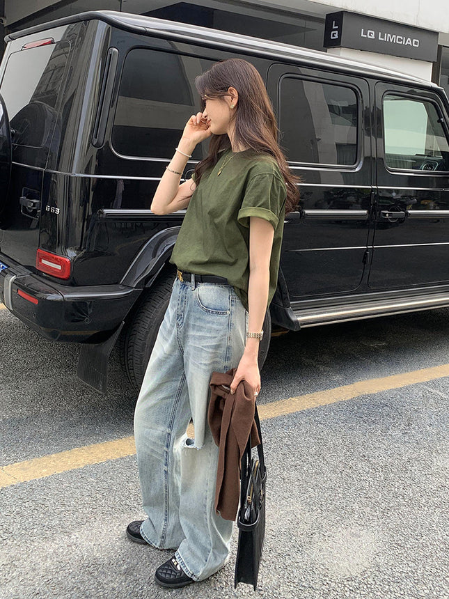 American Retro Forest Style New Round Neck Short-Sleeved T-Shirt Women's Spring Loose Military Green Versatile Simple Top