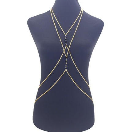 European and American Sexy Metal Geometric Body Chain Women's Bikini Summer Beach Cross Multi-Layer Long Crystal Chest Chain