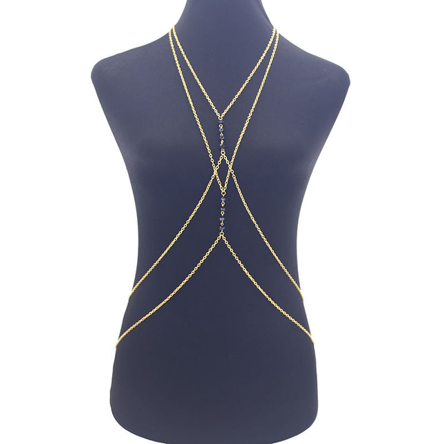 European and American Sexy Metal Geometric Body Chain Women's Bikini Summer Beach Cross Multi-Layer Long Crystal Chest Chain