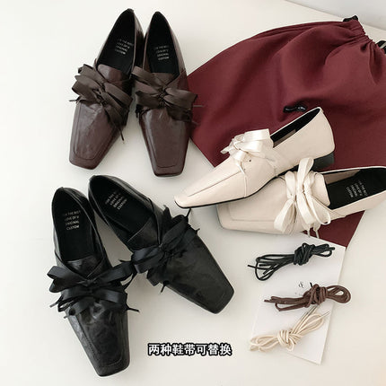 Ready Stock and Shipped in Seconds! Retro Square Toe Lace-Up Loafers, One-Leg Bow Ballet Shoes, Low-Heeled Small Leather Shoes for Women