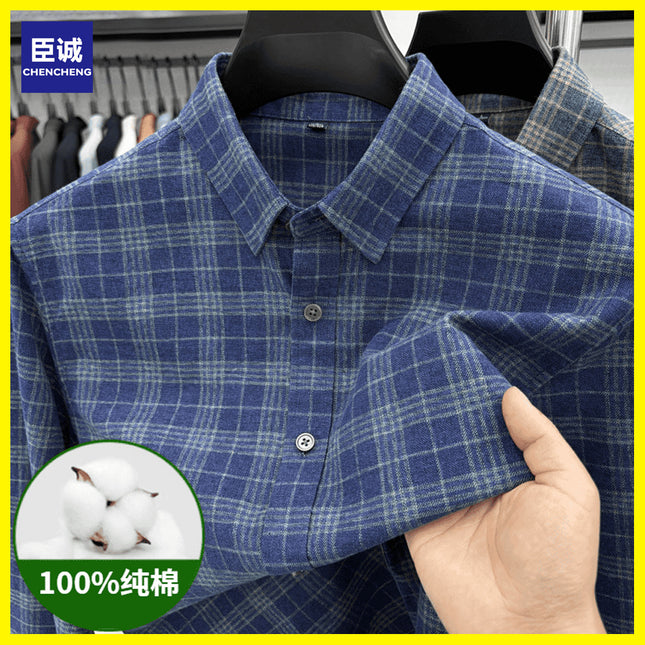 Men's Pure Cotton Brushed Plaid Shirt, Long-Sleeved, Thickened, Casual, Middle-Aged Dad's Shirt, Factory Wholesale