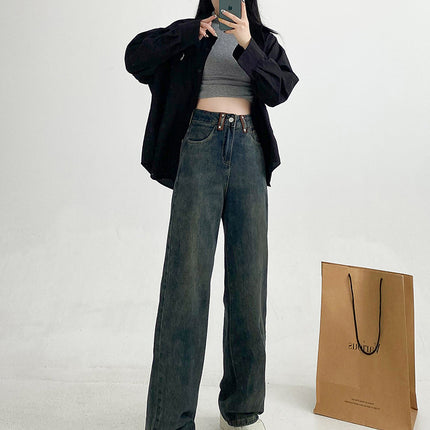 American Retro Narrow Wide-Leg Jeans for Women, 2025 Spring New High-Waisted Loose Slimming Floor-Length Straight Pants