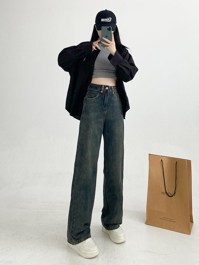 American Retro Narrow Wide-Leg Jeans for Women, 2025 Spring New High-Waisted Loose Slimming Floor-Length Straight Pants