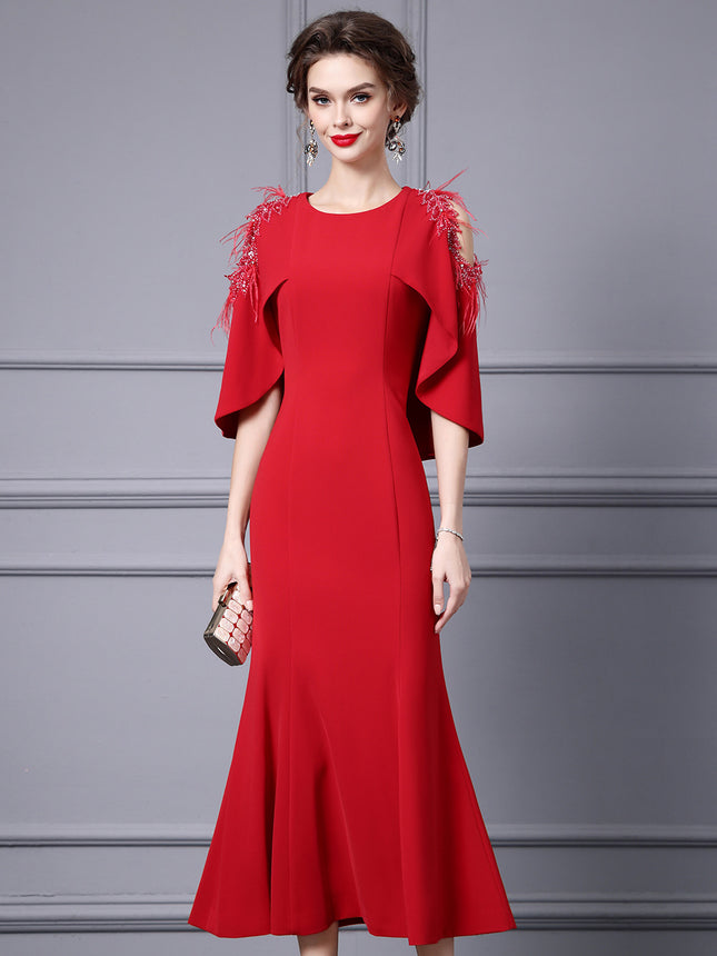 Zhili Red dress plus size Women's chubby girl Belly Covering Light Luxury High-end Important Occasion Shoulder Dress