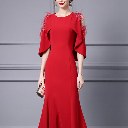 Zhili Red dress plus size Women's chubby girl Belly Covering Light Luxury High-end Important Occasion Shoulder Dress