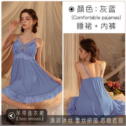 Factory Direct Sales Summer Nightgown, Pajamas, Female Sexy Backless Suspenders, Pure Lust Style Home Clothes Two-Piece Set, One Piece Drop Shipping
