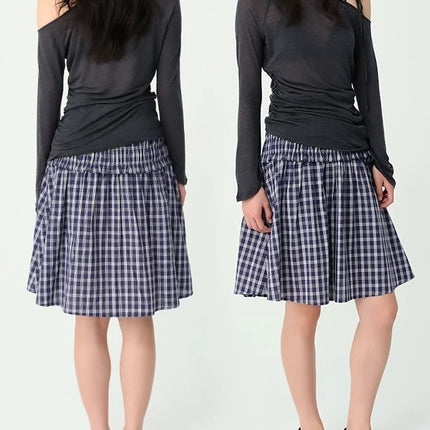 Fn Clean Explai“Blue Moment” Plaid Skirt Women's 2025 Casual Relaxed Easiest for Match Umbrella Skirt