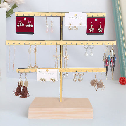 Solid Wood Iron Earrings Display Rack Golden Vertical Three-Layer 52 Hole Golden Earrings Storage Rack Earrings Display Rack