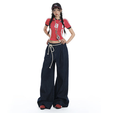 Bumi House Retro Original Cow Color with Drawstring Hot Girl Style Retro Drooping Sense Straight Tube Loose Double Pleated Wide Leg Jeans for Women