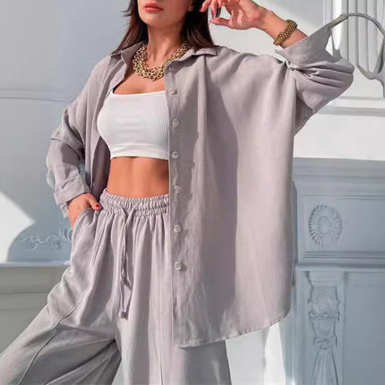 European and American Cross-Border 2025 Spring New Casual Suit Pure Color Lapel Long-Sleeved Shirt Top Harem Pants Two-Piece Set