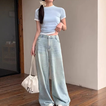 American Retro High Waist Jeans Women's Spring and Autumn Loose Mop Pants Straight Leg Pants Fashionable All-match Wide Leg Pants