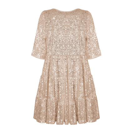 Cross-Border European and American Style Glitter Sequin Half-Sleeved Round Neck Ruffled Loose Short-Sleeved Dress Banquet Dress 10 Colors