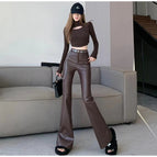Brown leather pants with waist chain / S