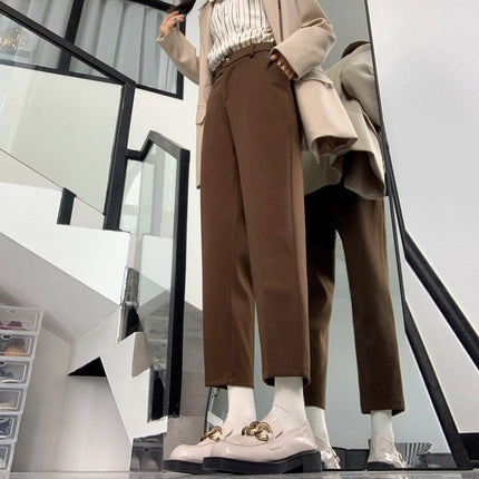 Woolen suit pants women's autumn and winter fleece-lined thick small straight pants thin high waist cropped pipe pants