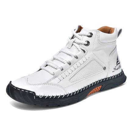 Cross-Border Plus-Size Men's Pu Leather Boots, Men's Fashion Handmade Stitched Ankle Boots, Flat Lace-Up Casual Shoes