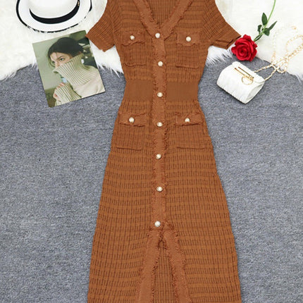 S Brand European and American Cross-Border Spring/Summer New V-Neck Short-Sleeve Dress 2026 French Socialite Women's Clothing Waist-Cinching Slit Long Dress