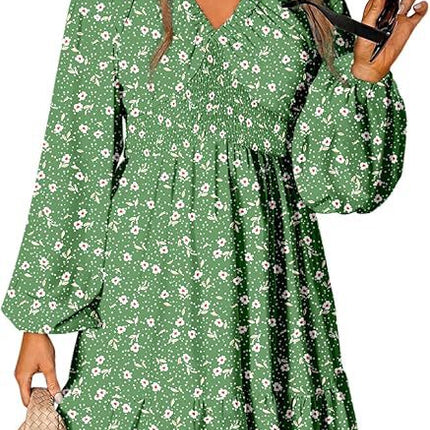2025 Bohemian Floral V-Neck Long Sleeve Pleated Waist Casual A- Line Skirt with Swing Mini dress