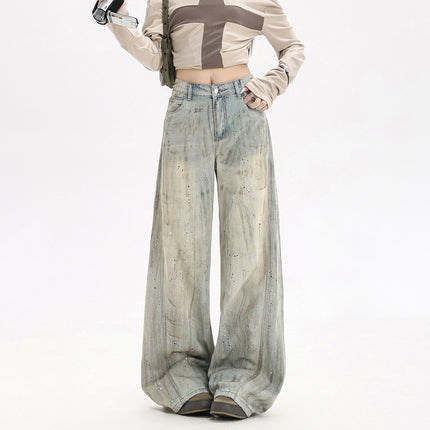 American-Style Splatter Paint Graffiti Wide-Leg Jeans for Women, 2026 Spring New Design, Loose-Fitting Floor-Length Pants
