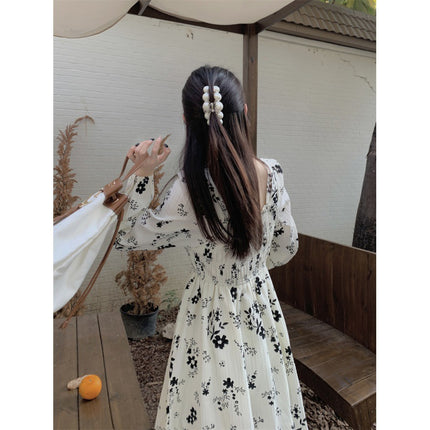 French dry rose floral dress autumn and winter women's clothing 2022 new temperament slim long skirt goddess fan