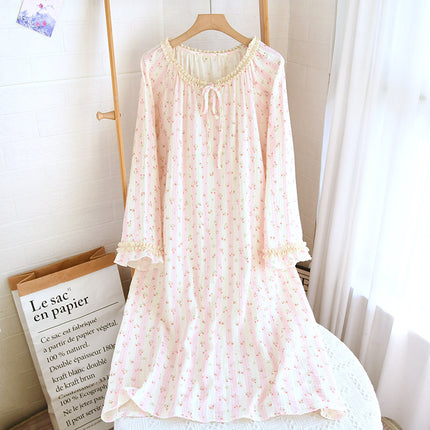 Spring and Summer Long Sleeve Round Neck Lace Sweet Long Dress Women's Thin Cotton Loose Outer Wear Small Floral Home Dress