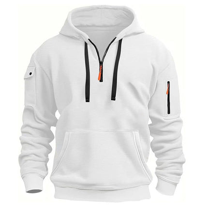 Men's Casual Pullover Sweatshirt with Multiple Zipper Arm Pockets for Autumn and Winter, Large Size, Fleece-Lined Hoodie for Men