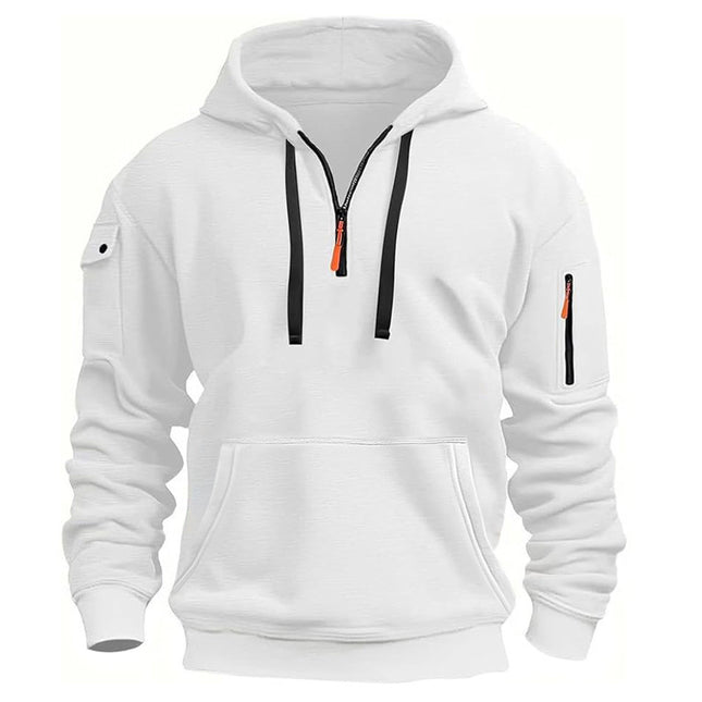 Men's Casual Pullover Sweatshirt with Multiple Zipper Arm Pockets for Autumn and Winter, Large Size, Fleece-Lined Hoodie for Men