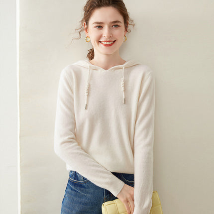 Autumn and Winter Hooded Cashmere Sweater Cashmere Long-Sleeved Pullover Versatile Pure Color Windproof Warm Hooded Cashmere Sweater for Women