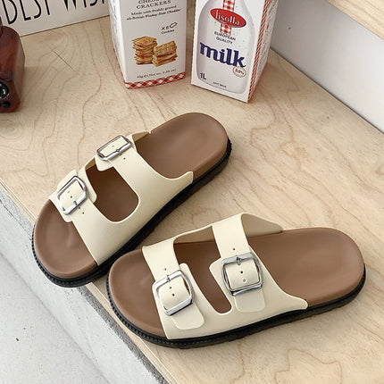 Double-strap Thick-soled Sandals and Slippers Women's New Flat-soled Shops with Square Buckle Korean Style Outer Wear All-match Roman Foreign Trade Beach Shoes