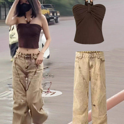In-Stock Meng Zi Yi Style American Vintage Washed Women's Jeans 2025 Spring Hot Girl Ruched Design Floor-Length Pants