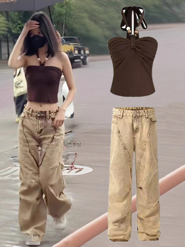 In-Stock Meng Zi Yi Style American Vintage Washed Women's Jeans 2025 Spring Hot Girl Ruched Design Floor-Length Pants