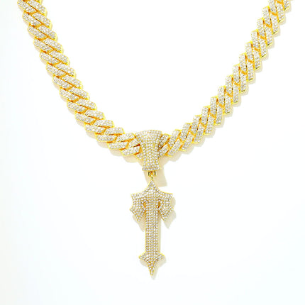 Cross-Border Large Sword Pendant Diamond-Studded Letter t Necklace European and American Hip-Hop Style Line Design