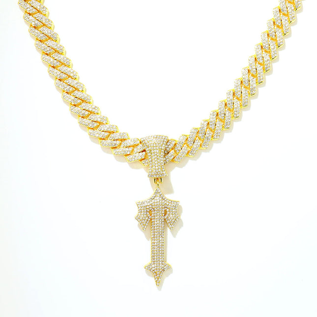 Cross-Border Large Sword Pendant Diamond-Studded Letter t Necklace European and American Hip-Hop Style Line Design
