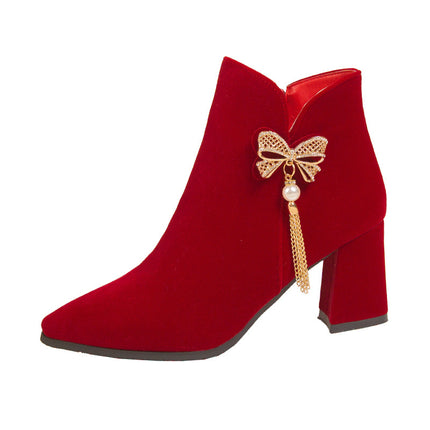 2026 New Style Bowknot Rhinestone Beaded Wedding Shoes Korean Style Tassel Chunky Heel Comfortable Bridal Boots Burgundy Fashion Boots