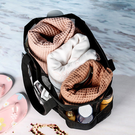 Hollow Beach Bag Shoulder Portable Mesh Bath Fitness Swimming Bath Bag 8 Pocket Cosmetics Storage Beach Bag