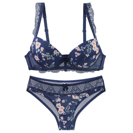 2023 new girls printed sexy lace bra set gathered up women's underwear set bra wholesale