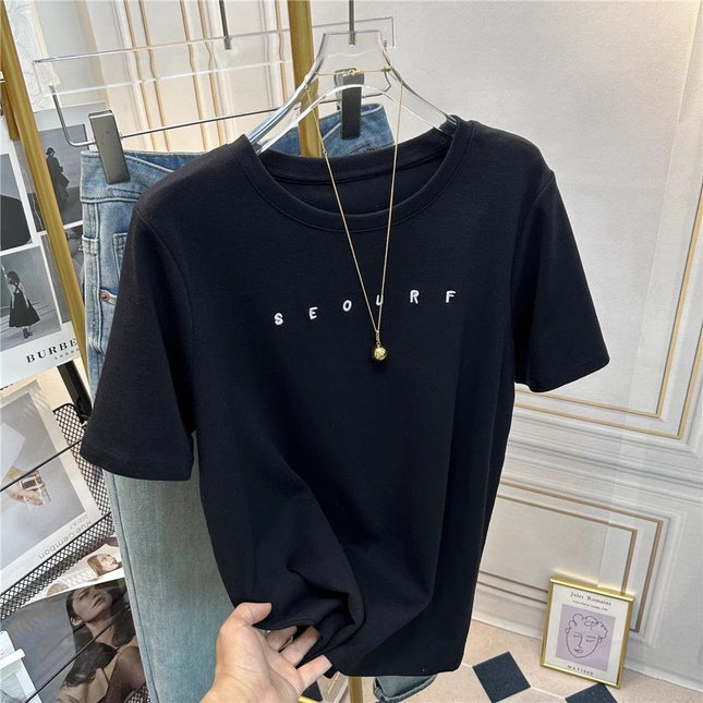 Small Letter Embroidery Brushed Short-Sleeve T-Shirt for Women, Regular Shoulder, Slimming, Korean Style, Fashionable, Thickened Base Layer for Autumn and Winter