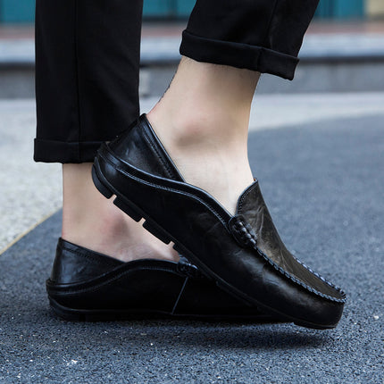 Doug Shoes Men's Genuine Leather Casual Shoes Summer Breathable Soft Bottom Driving Cowhide Slip-on Lazy Shoes for Business All-Match