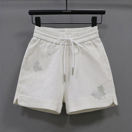 Elastic Waist Shorts Women's Hot Drilling Candy Color Butterfly Denim Wide Leg Pants New Korean Style Slim Look Elastic All-match Hot Pants