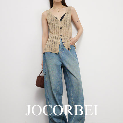 Jocorbei [Arc Cocoon-Shaped Jeans] High-Waisted Deconstructed Banana Pants, Loose Retro Blue Jeans Pants